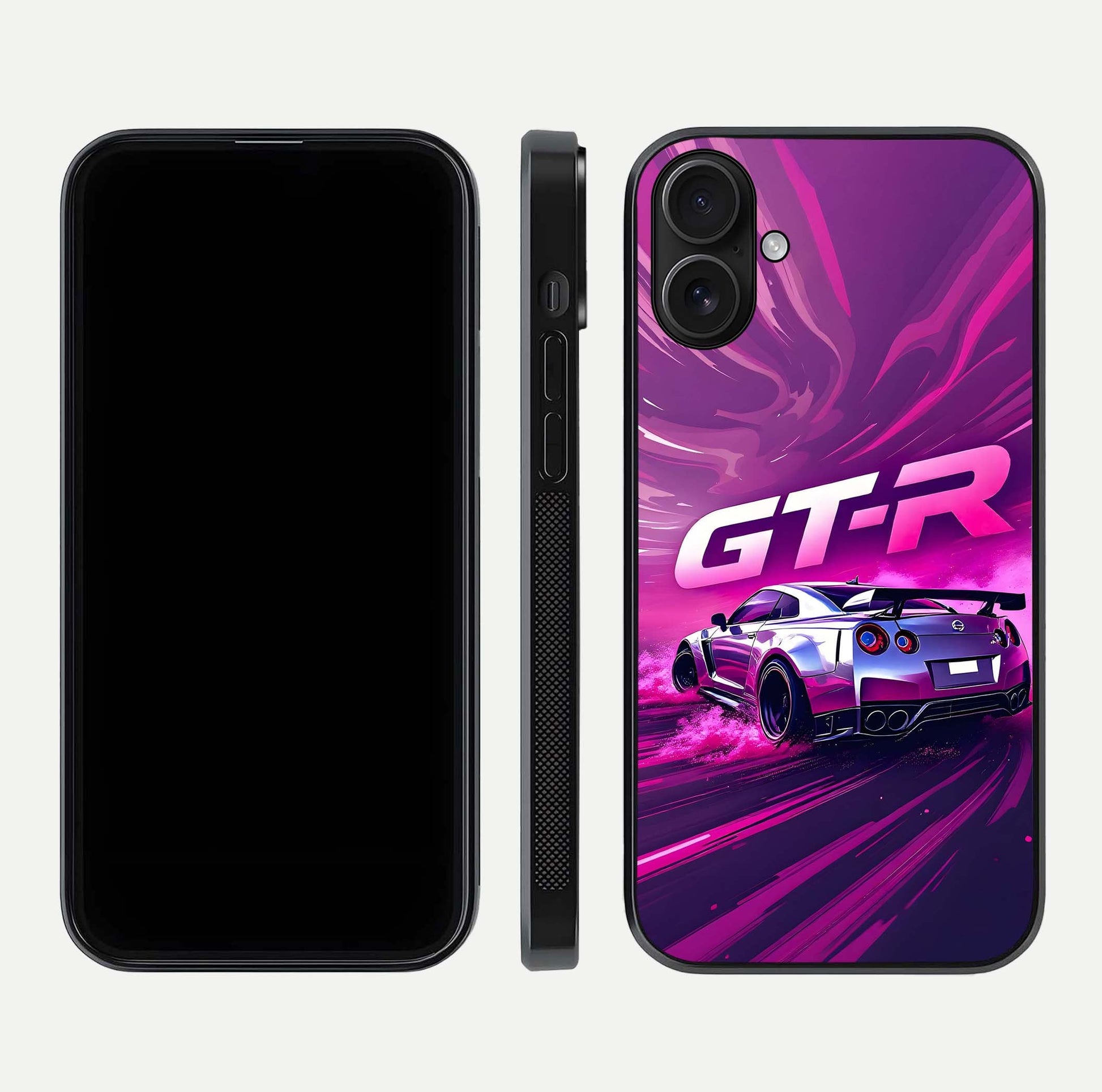 Speed Drift Legend Glass Case for iPhone 16 front & back layout showing bold tones and smooth edges