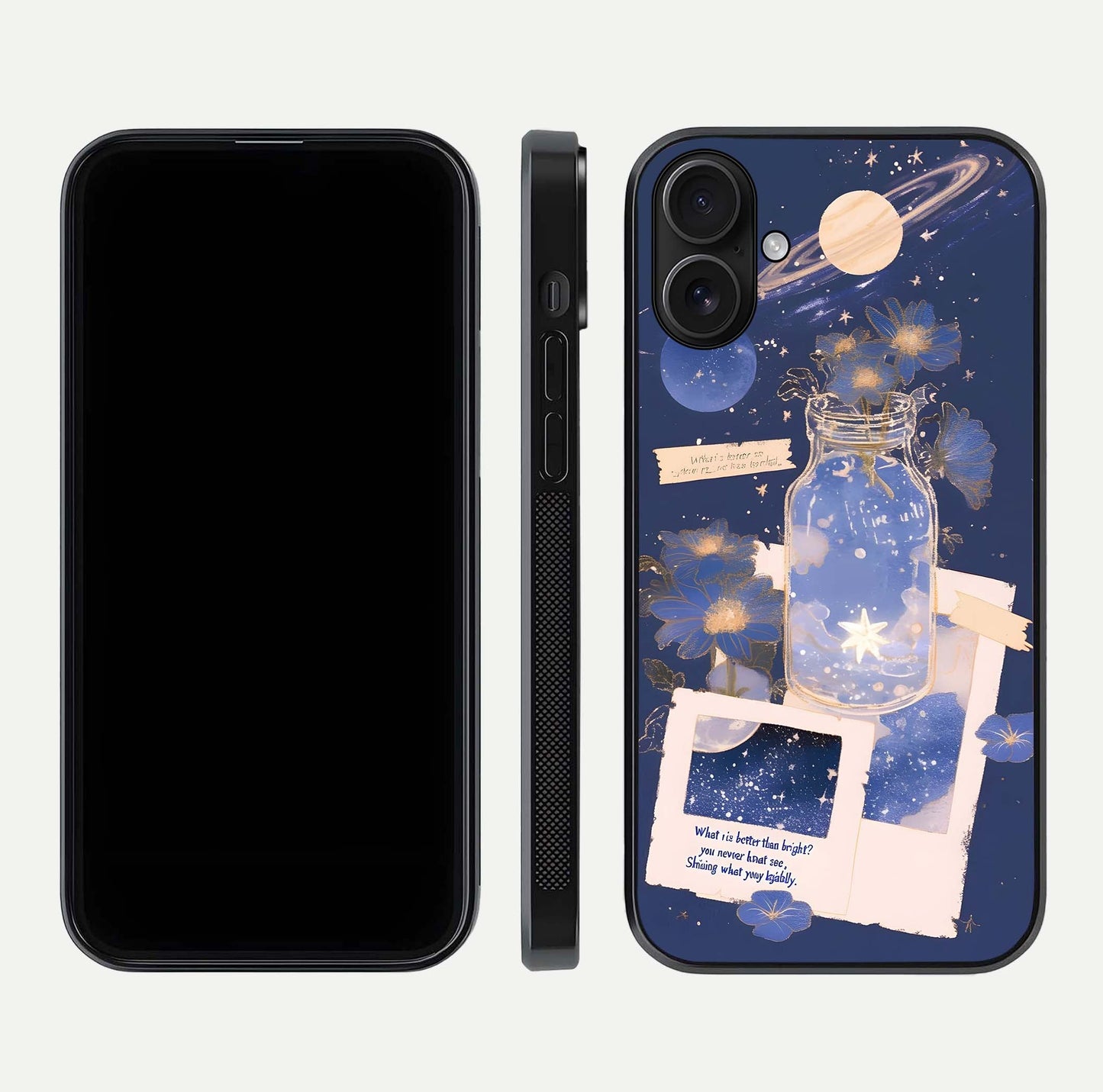 Starlit Cosmic Jar Glass Case for iPhone 16 front & back layout showing cosmic pattern and curved glass edge