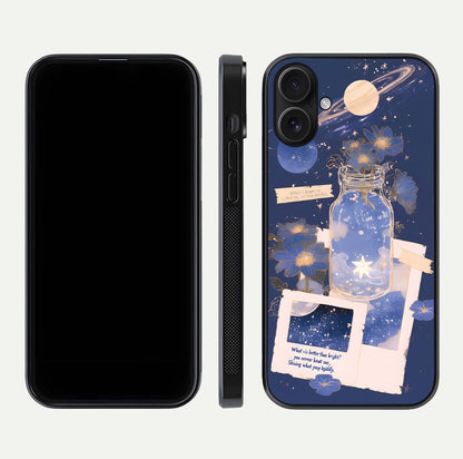 Starlit Cosmic Jar Glass Case for iPhone 16 front & back layout showing cosmic pattern and curved glass edge