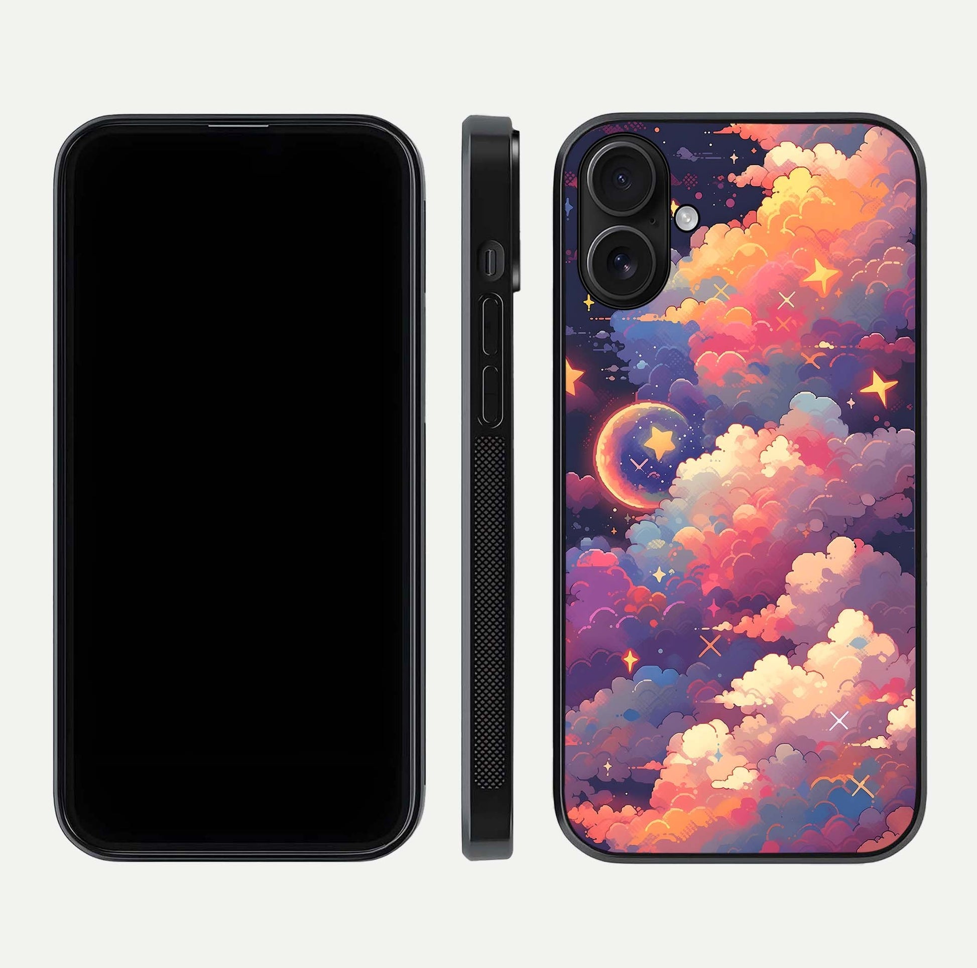 Starlit Dream Clouds Glass Case for iPhone 16 front & back layout showing gradient tones and smooth edge
