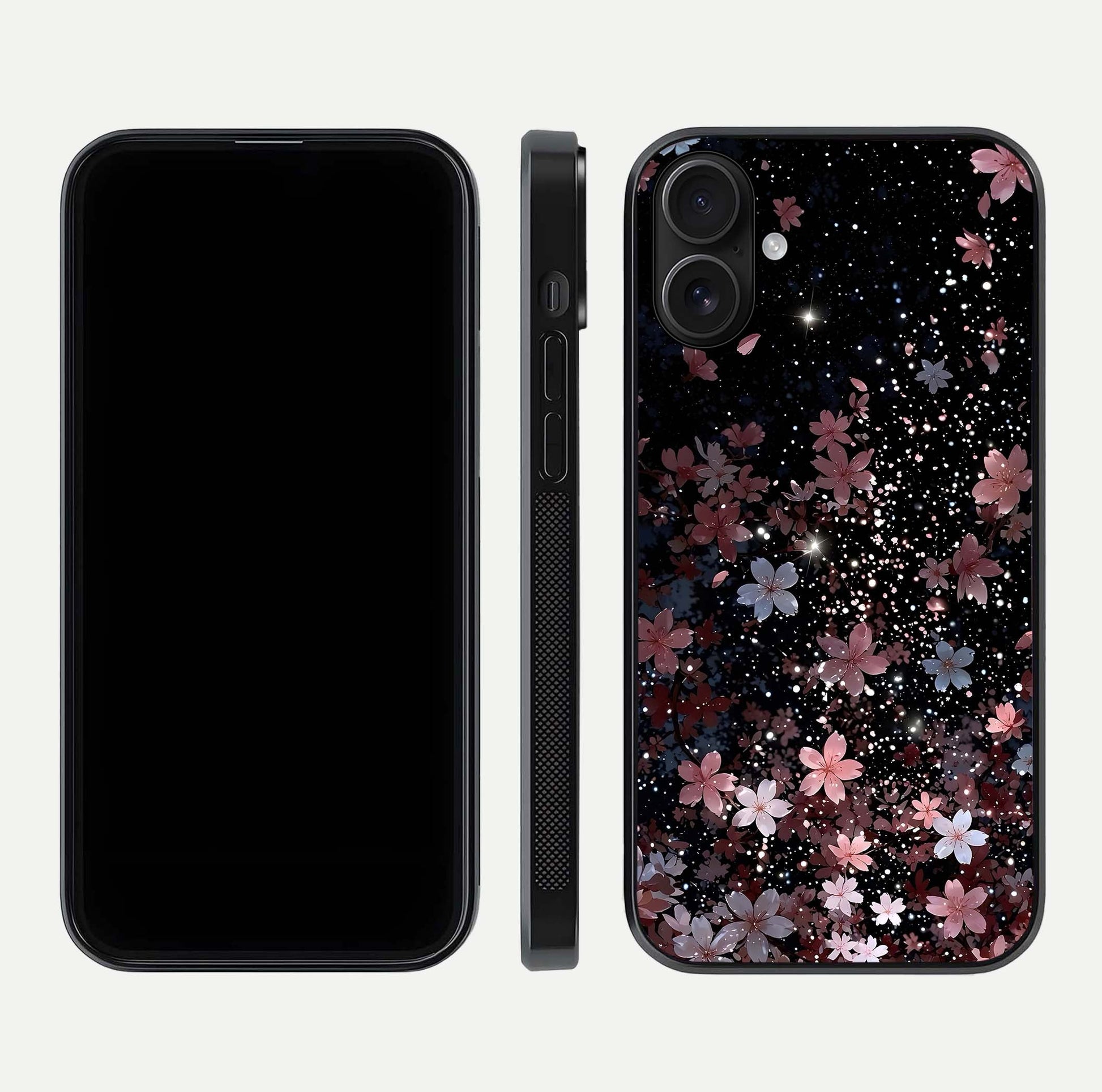 Starlit Flower Dreams Glass Case for iPhone 16 front & back layout showing soft bloom design and curved edge