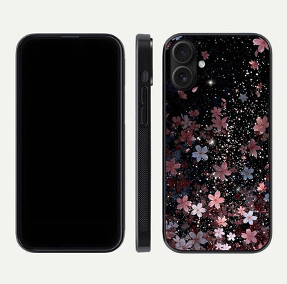 Starlit Flower Dreams Glass Case for iPhone 16 front & back layout showing soft bloom design and curved edge