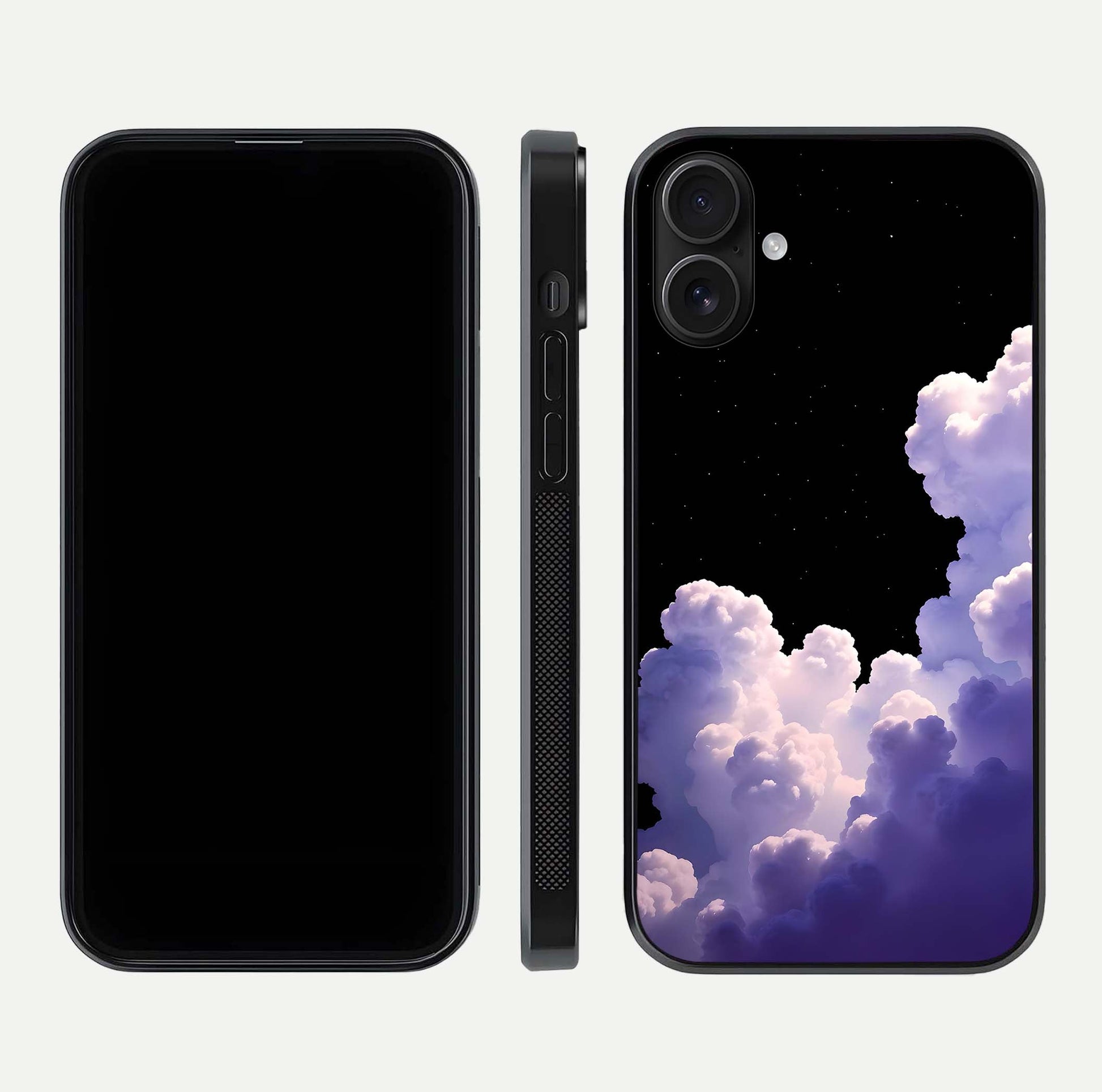 Starlit Night Whispers Glass Case for iPhone 16 front & back layout showing moon tones and curved edges