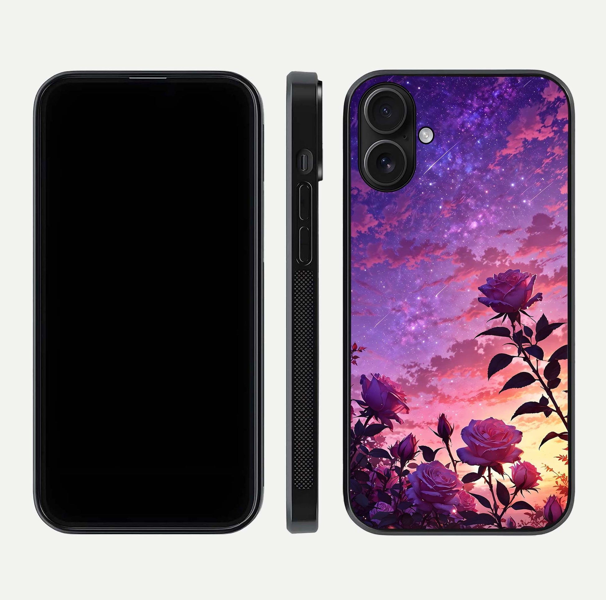 Starlit Rose Twilight Glass Case for iPhone 16 front & back layout showing floral blend and glossy edge