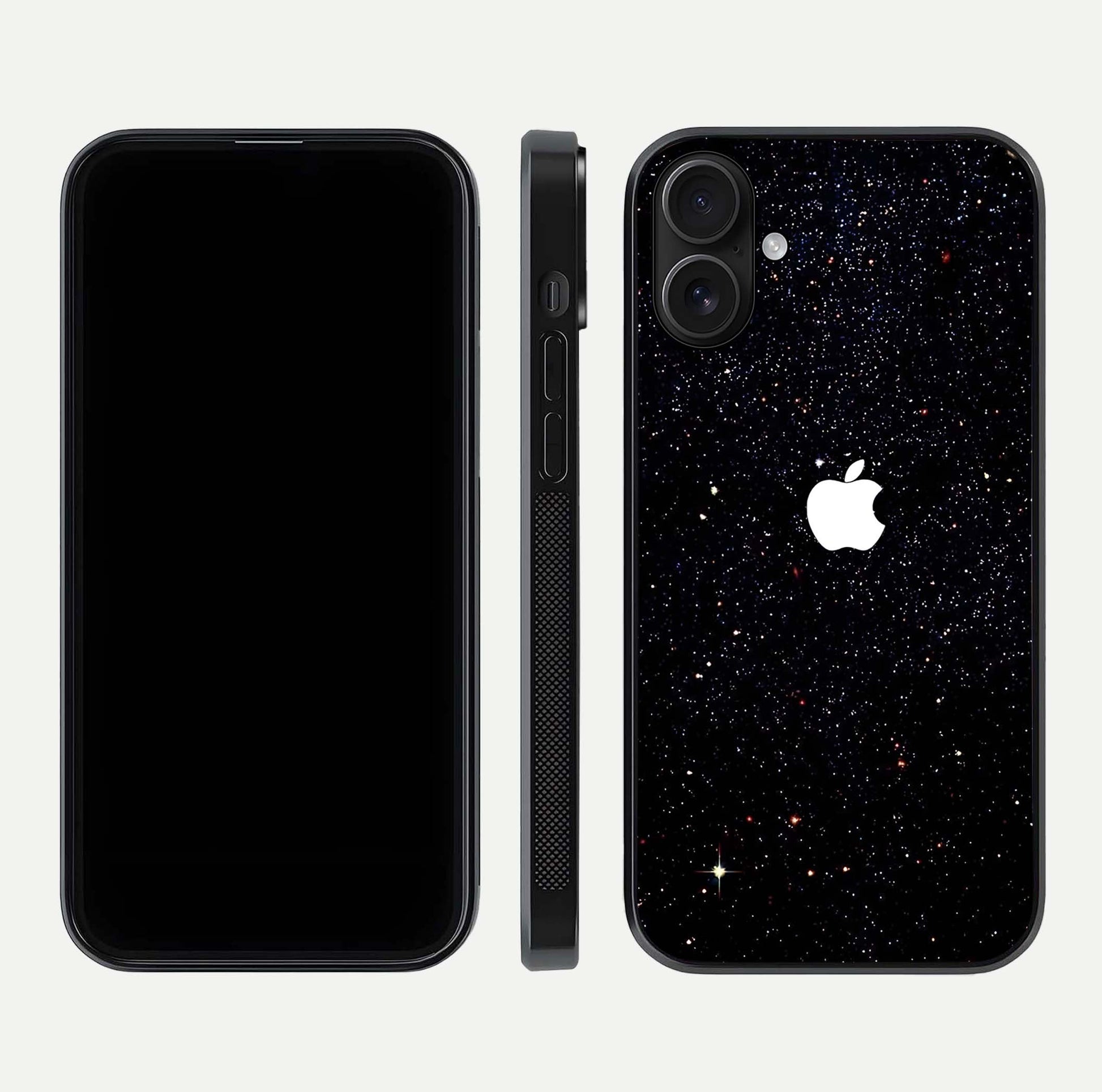 Starry Apple Galaxy Glass Case for iPhone 16 front & back layout showing cosmic tones and sleek edge
