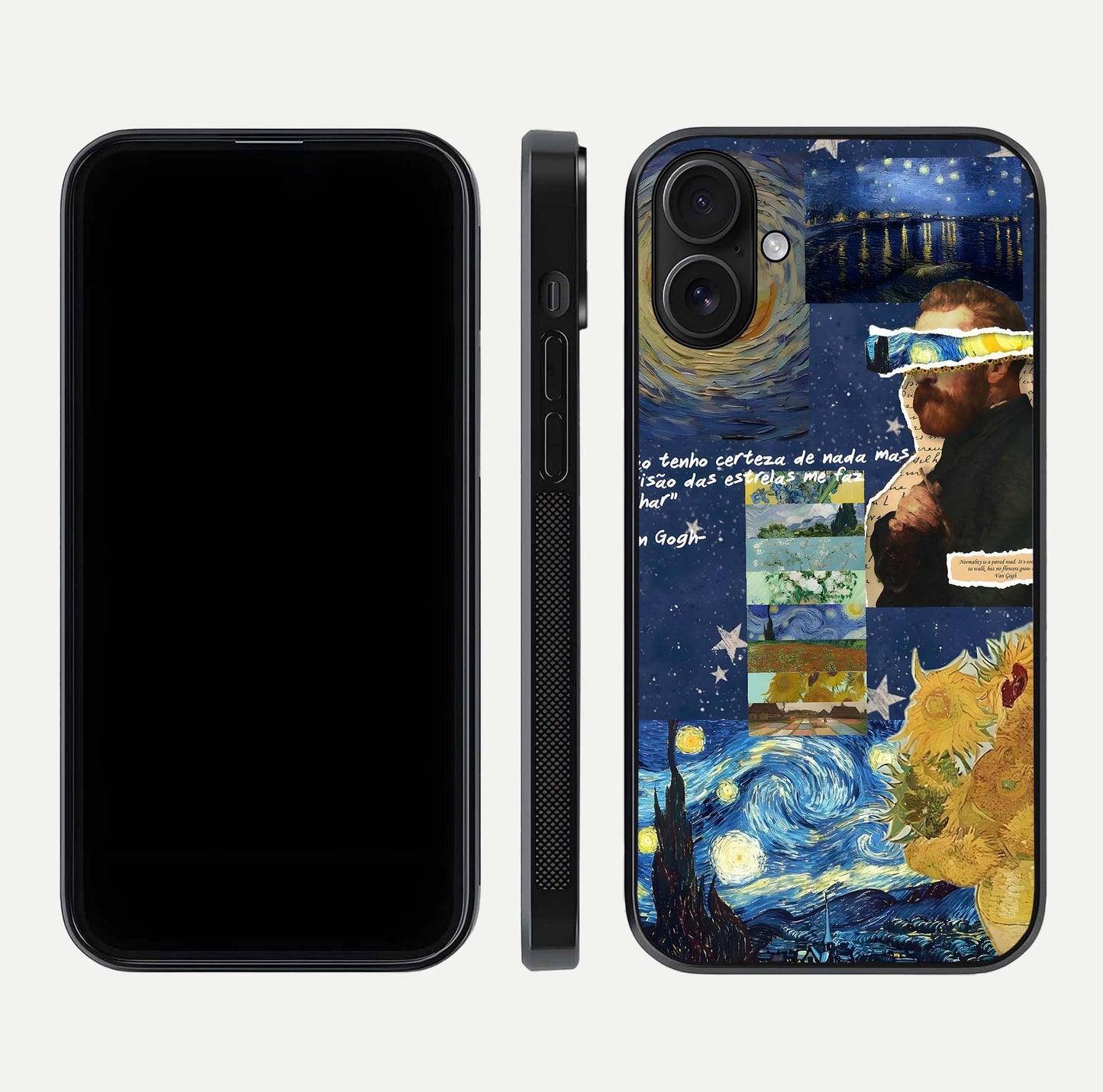 Starry Dream Vision Glass Case for iPhone 16 front & back layout showing star blend and smooth edges