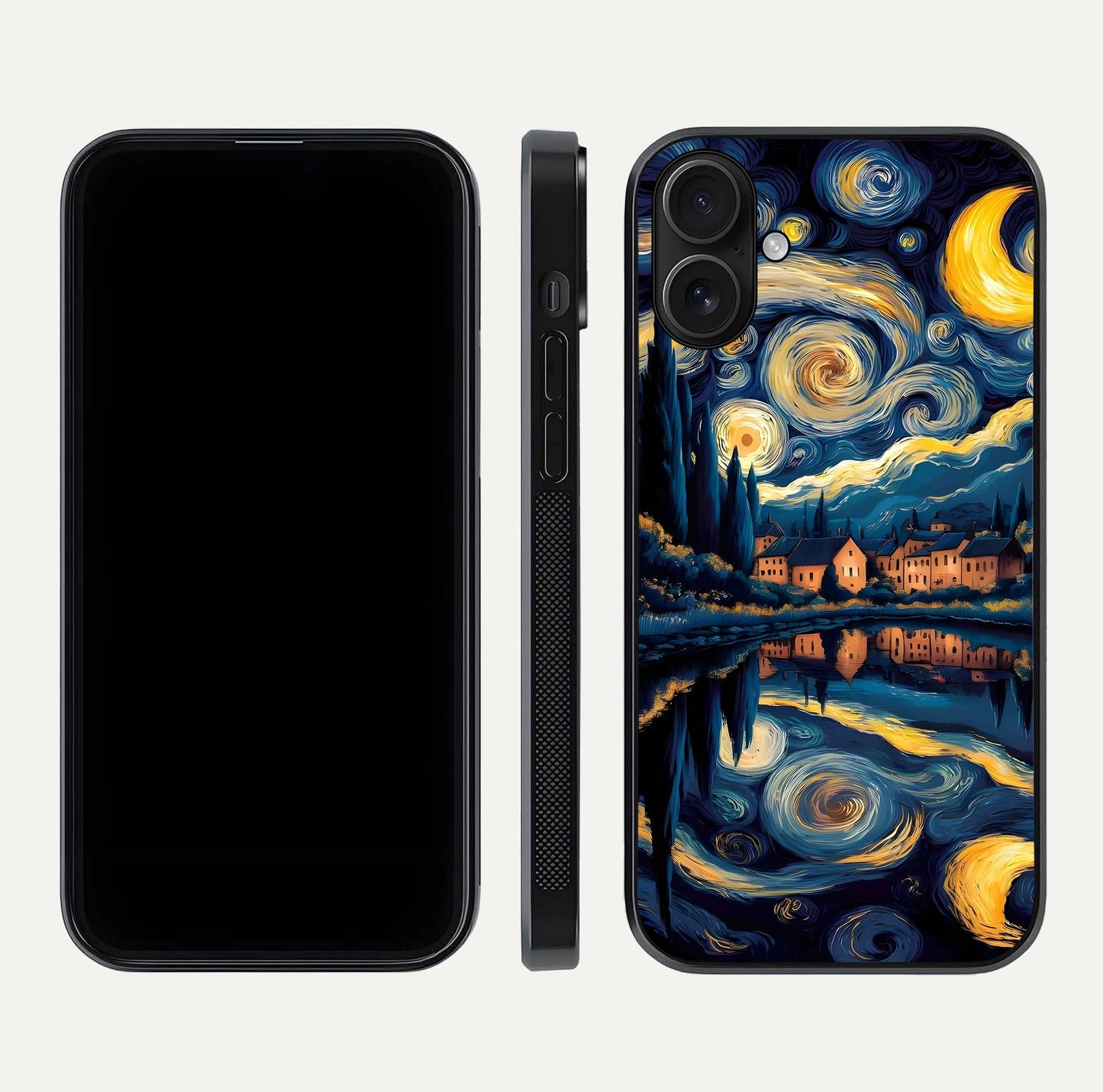 Starry Sky Serenity Glass Case for iPhone 16 front & back layout showing stars and curved glass edges
