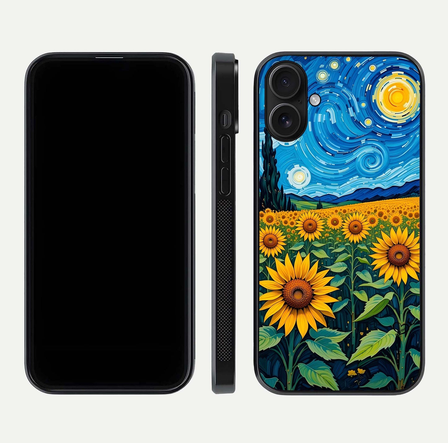 Starry Sunflower Dreams Glass Case for iPhone 16 front & back layout showing floral blend and edge detail
