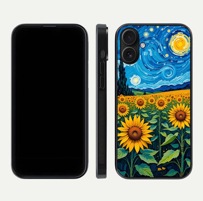 Starry Sunflower Dreams Glass Case for iPhone 16 front & back layout showing floral blend and edge detail