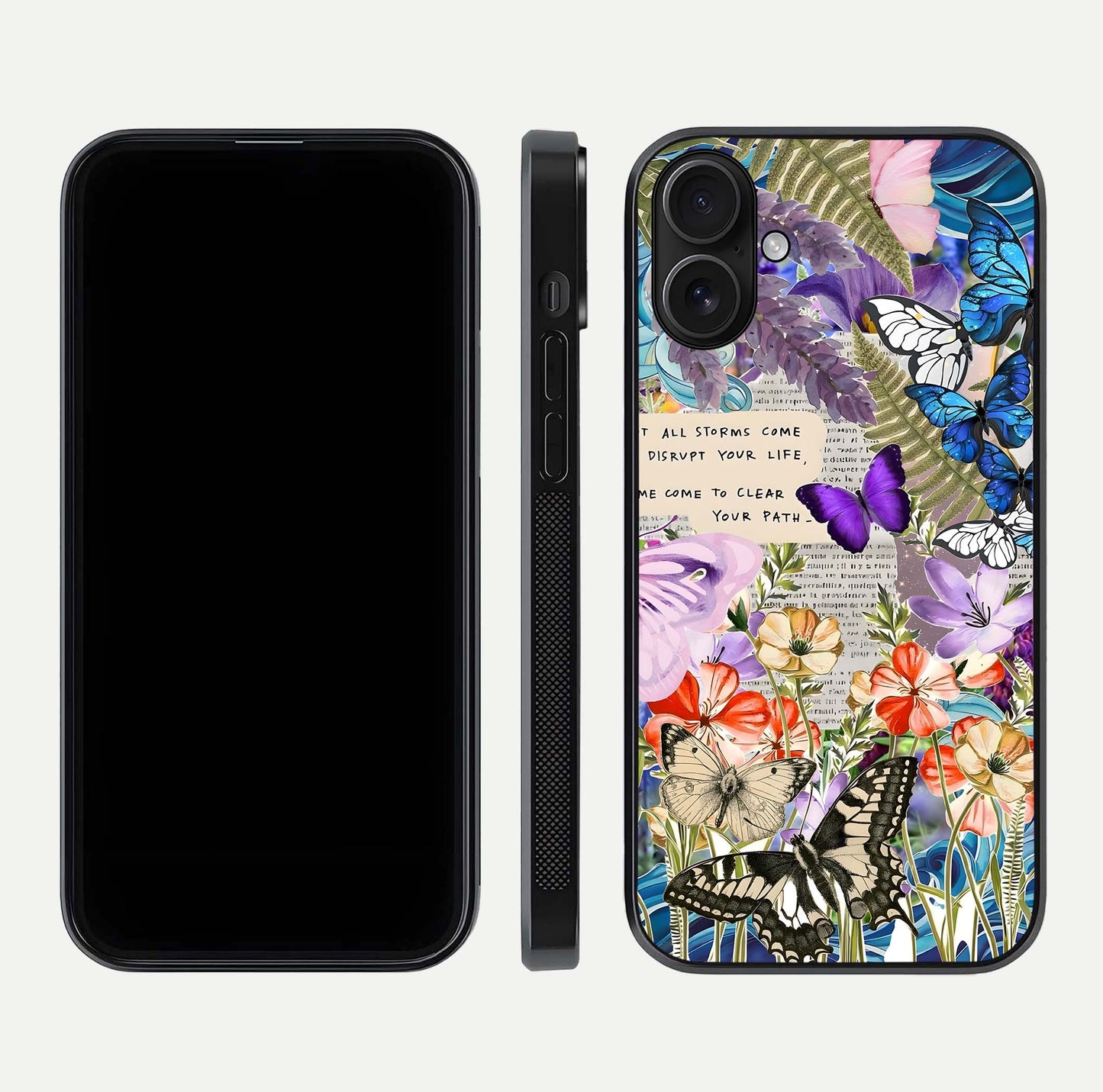 Storm Path Bloom Glass Case for iPhone 16 front & back layout showing moody floral blend and edges