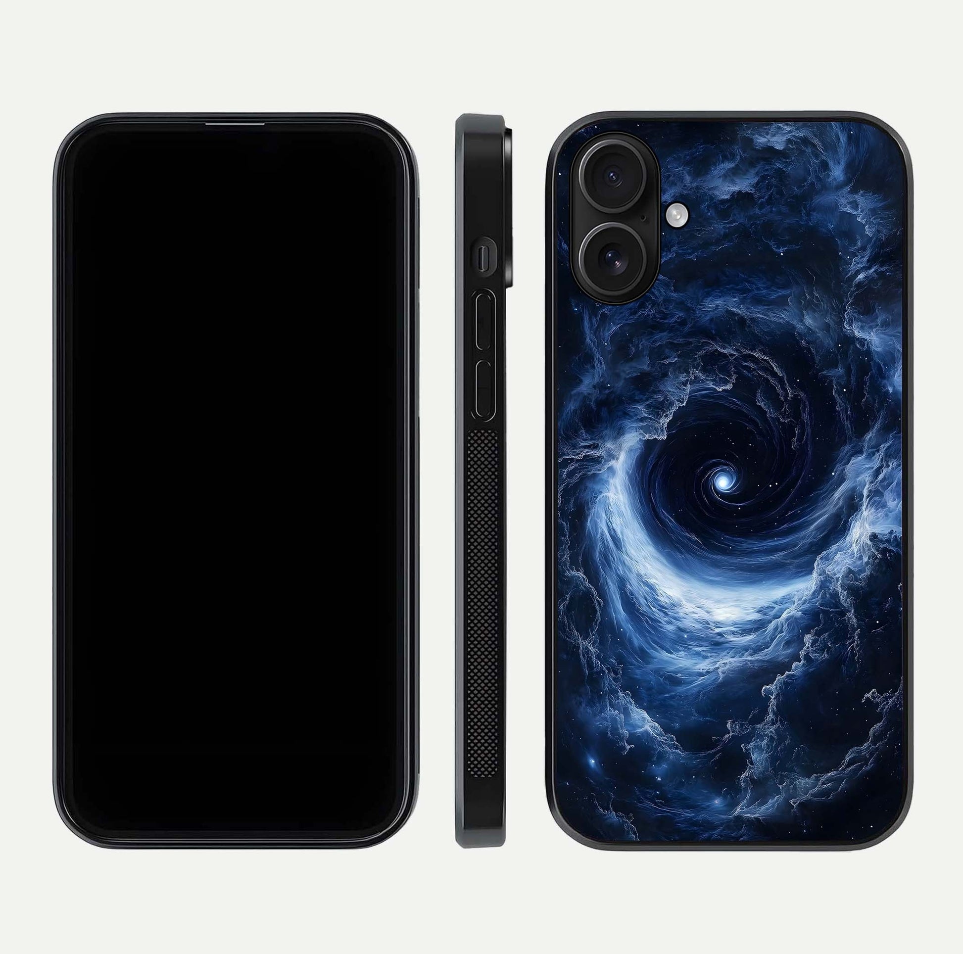 Stunning Galaxy Glass Case for iPhone 16 front & back layout showing deep cosmic hues and clean edges