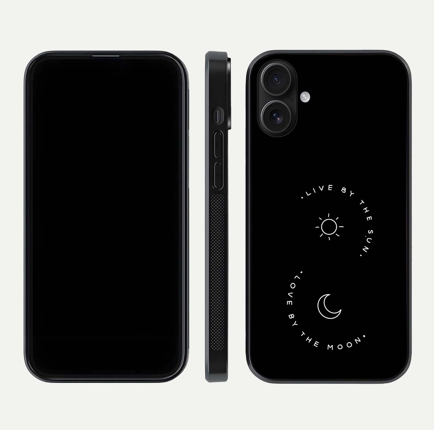 Sun Moon Balance Glass Case for iPhone 16 front & back layout showing smooth gradient and balanced design