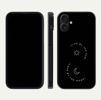 Sun Moon Balance Glass Case for iPhone 16 front & back layout showing smooth gradient and balanced design