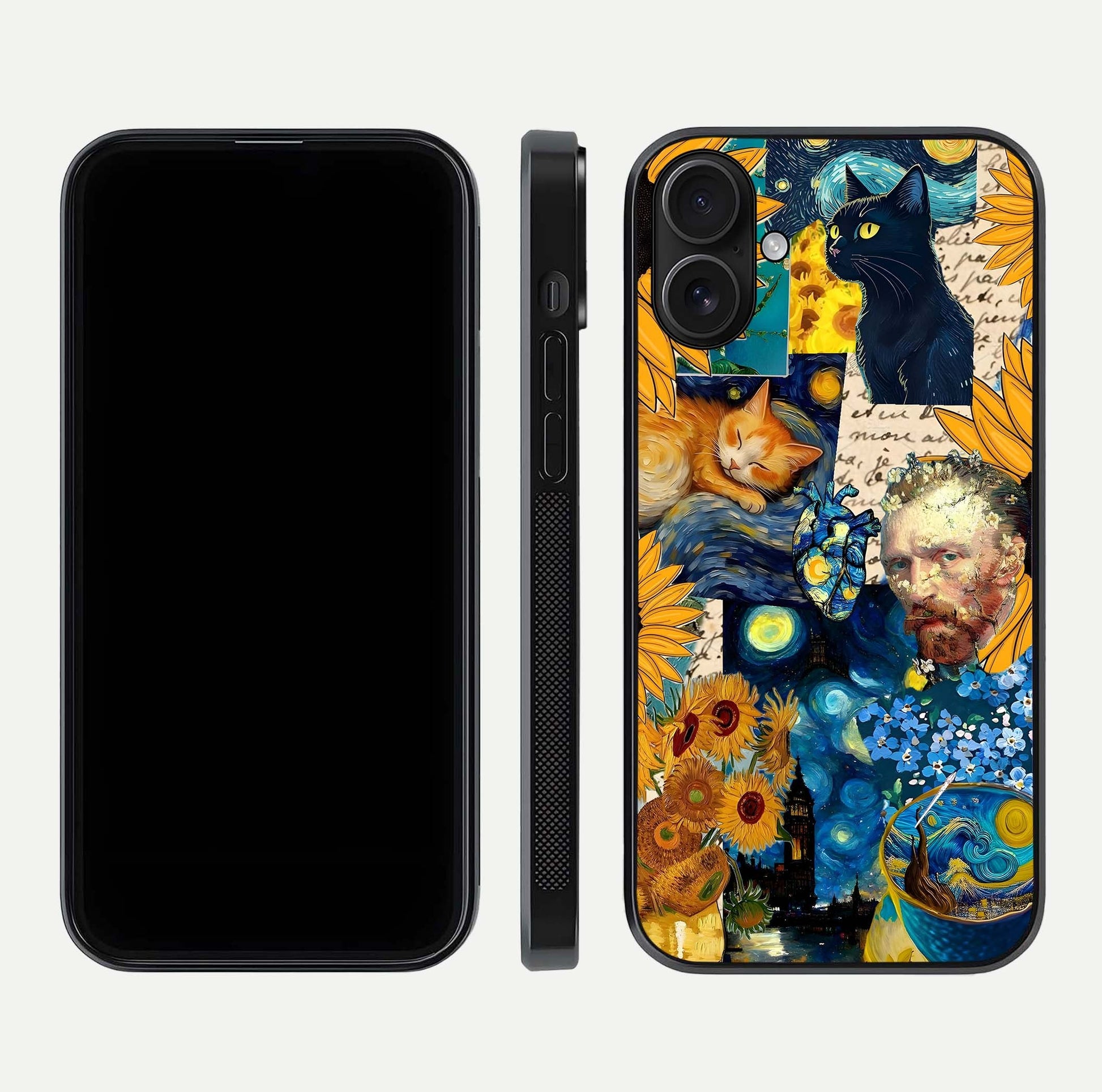 Sunflower Cat Art Glass Case for iPhone 16 front & back layout showing detailed floral cat design and edges