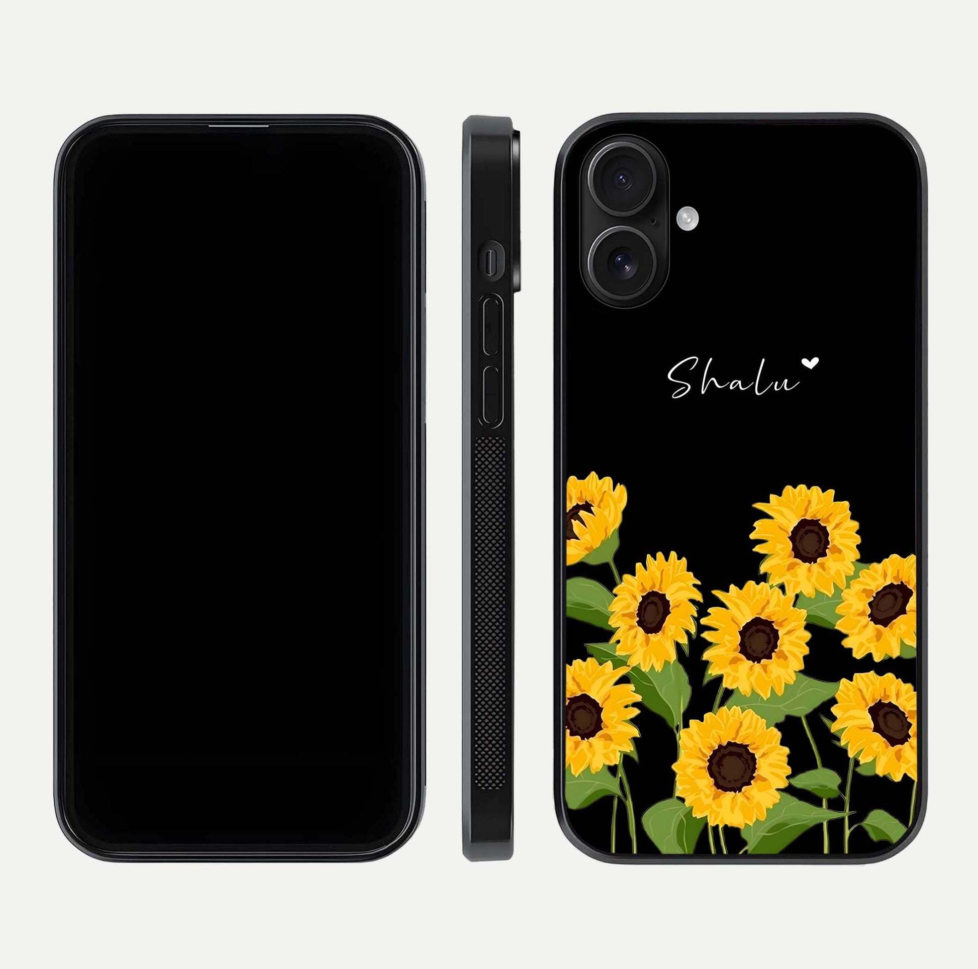 Sunflower Chic Mood Custom Name Glass Case for iPhone 16 front & back layout highlighting custom text zone and shine
