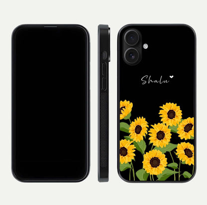 Sunflower Chic Mood Custom Name Glass Case for iPhone 16 front & back layout highlighting custom text zone and shine
