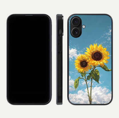 Sunflower Sky Bloom Glass Case for iPhone 16 front & back layout showing soft blue tones and flower contrast
