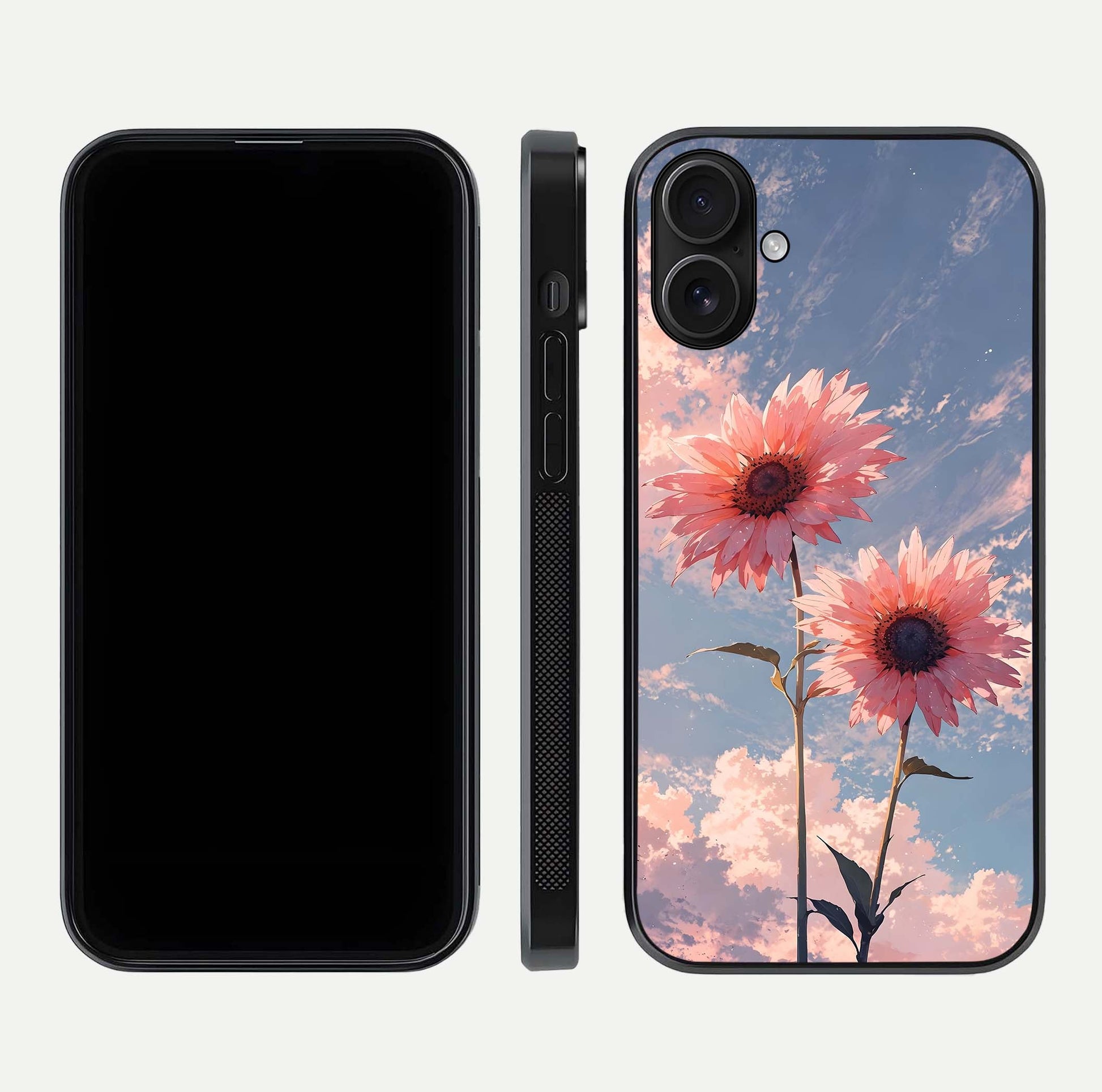 Sunlit Daisy Glow Glass Case for iPhone 16 front & back layout showing vibrant sunlight hues and clean edge