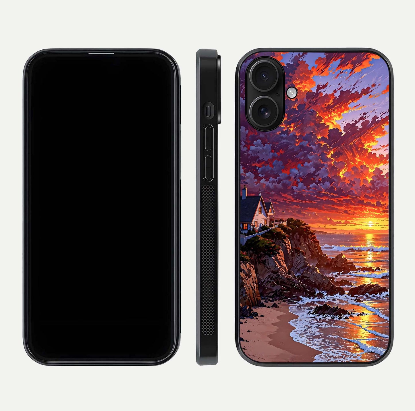 Sunset House by Sea Glass Case for iPhone 16 front & back layout showing scenic gradient and curved edge