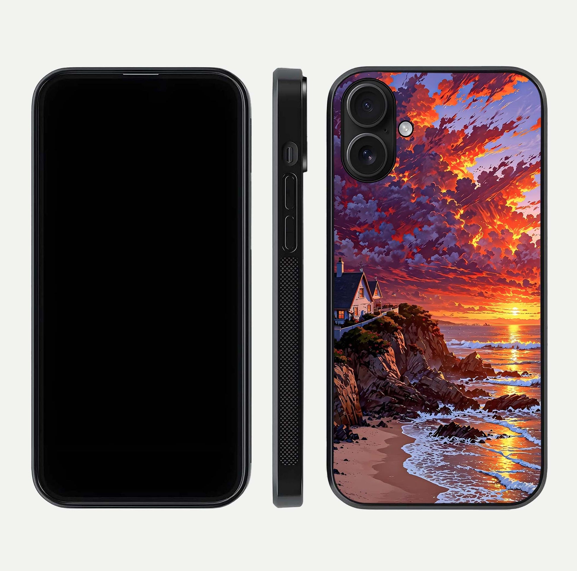 Sunset House by Sea Glass Case for iPhone 16 front & back layout showing scenic gradient and curved edge