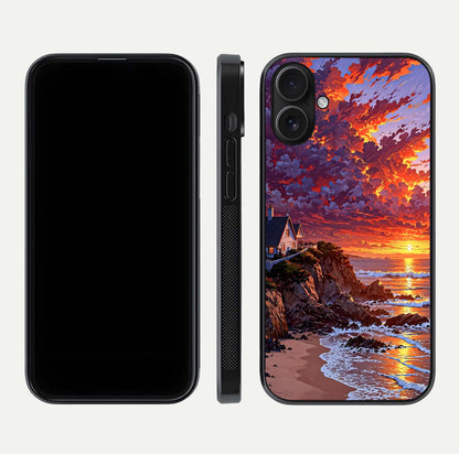 Sunset House by Sea Glass Case for iPhone 16 front & back layout showing scenic gradient and curved edge