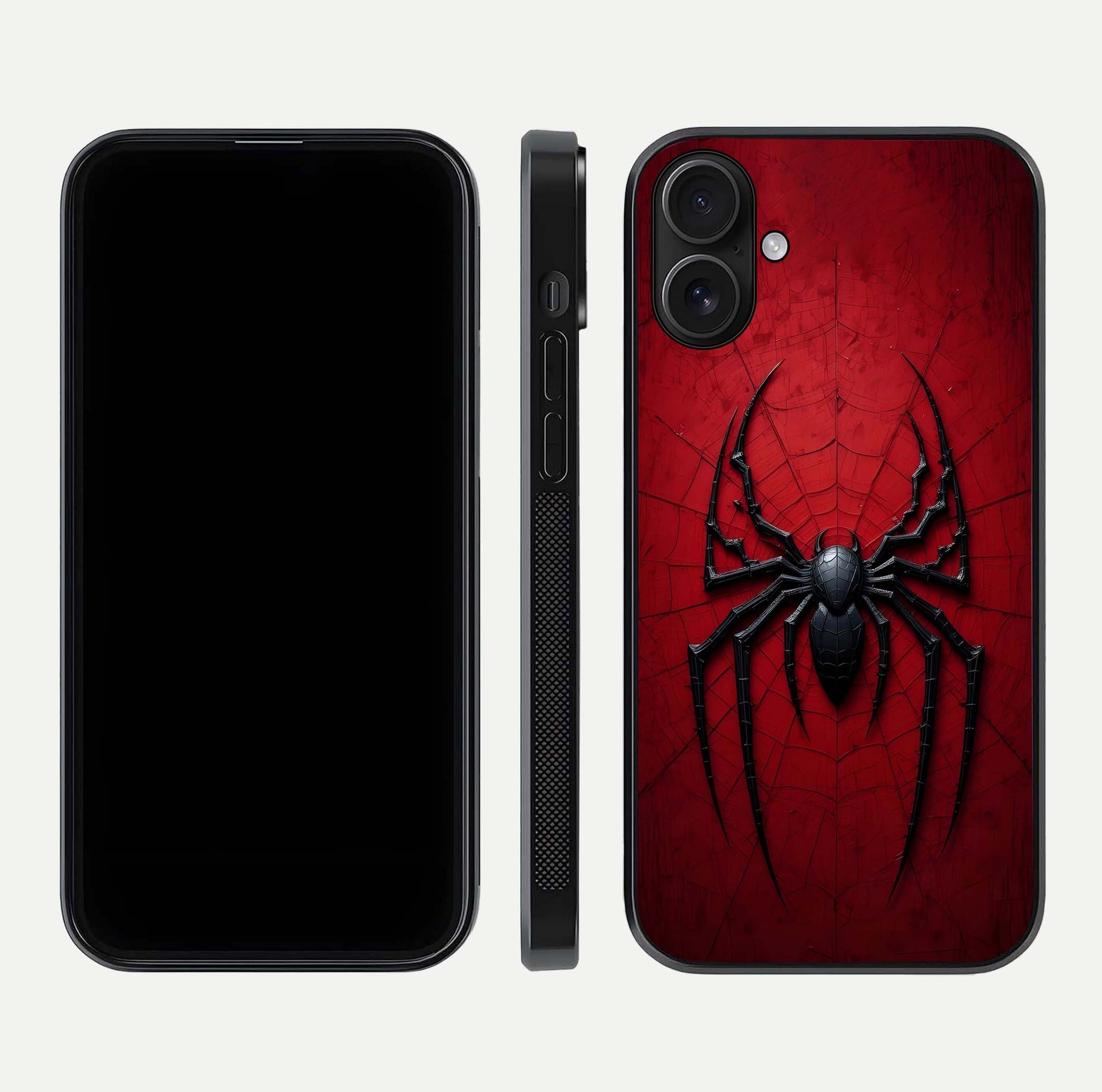 Venom Web Emblem Glass Case for iPhone 16 front & back layout showing contrast art and curved glass edges