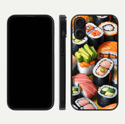 Sushi Food Pattern Glass Case for iPhone 16 front & back layout showing playful food theme and clear edges