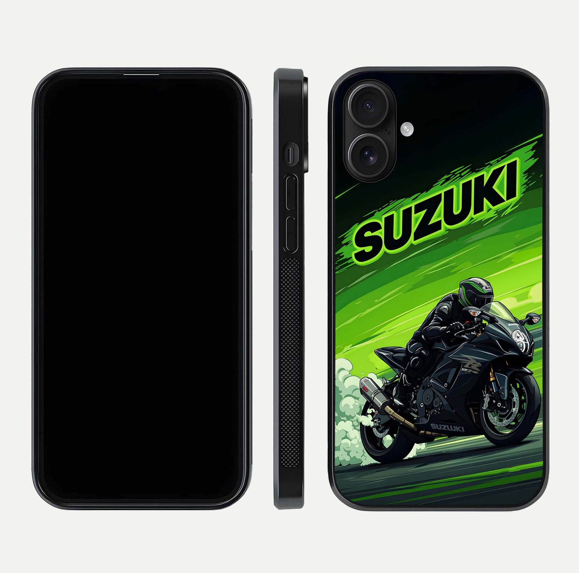 Suzuki Speed Beast Glass Case for iPhone 16 front & back layout showing motion blur and sleek edges