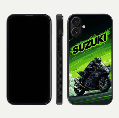 Suzuki Speed Beast Glass Case for iPhone 16 front & back layout showing motion blur and sleek edges