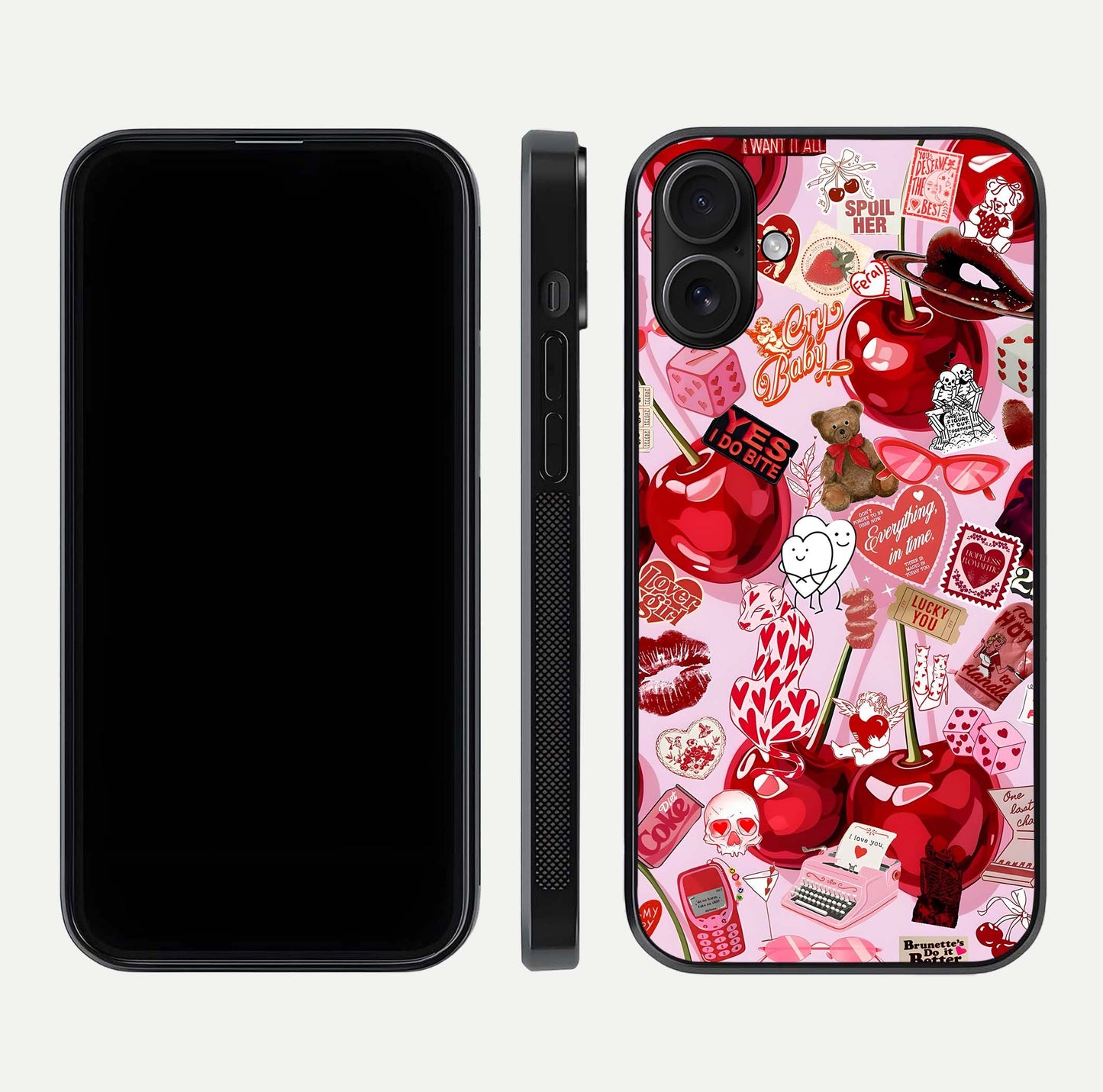 Sweet Cherry Chaos Glass Case for iPhone 16 front & back layout showing vibrant cherries and smooth edges