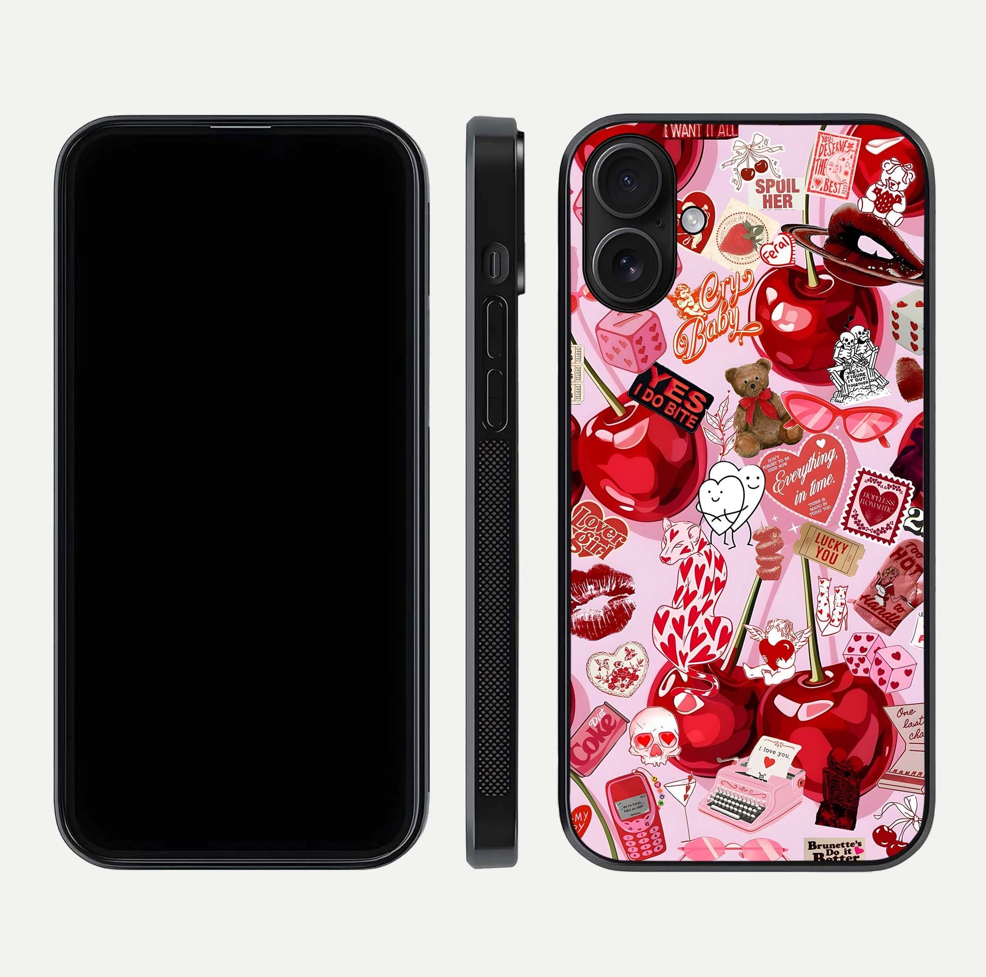 Sweet Cherry Chaos Glass Case for iPhone 16 front & back layout showing vibrant cherries and smooth edges