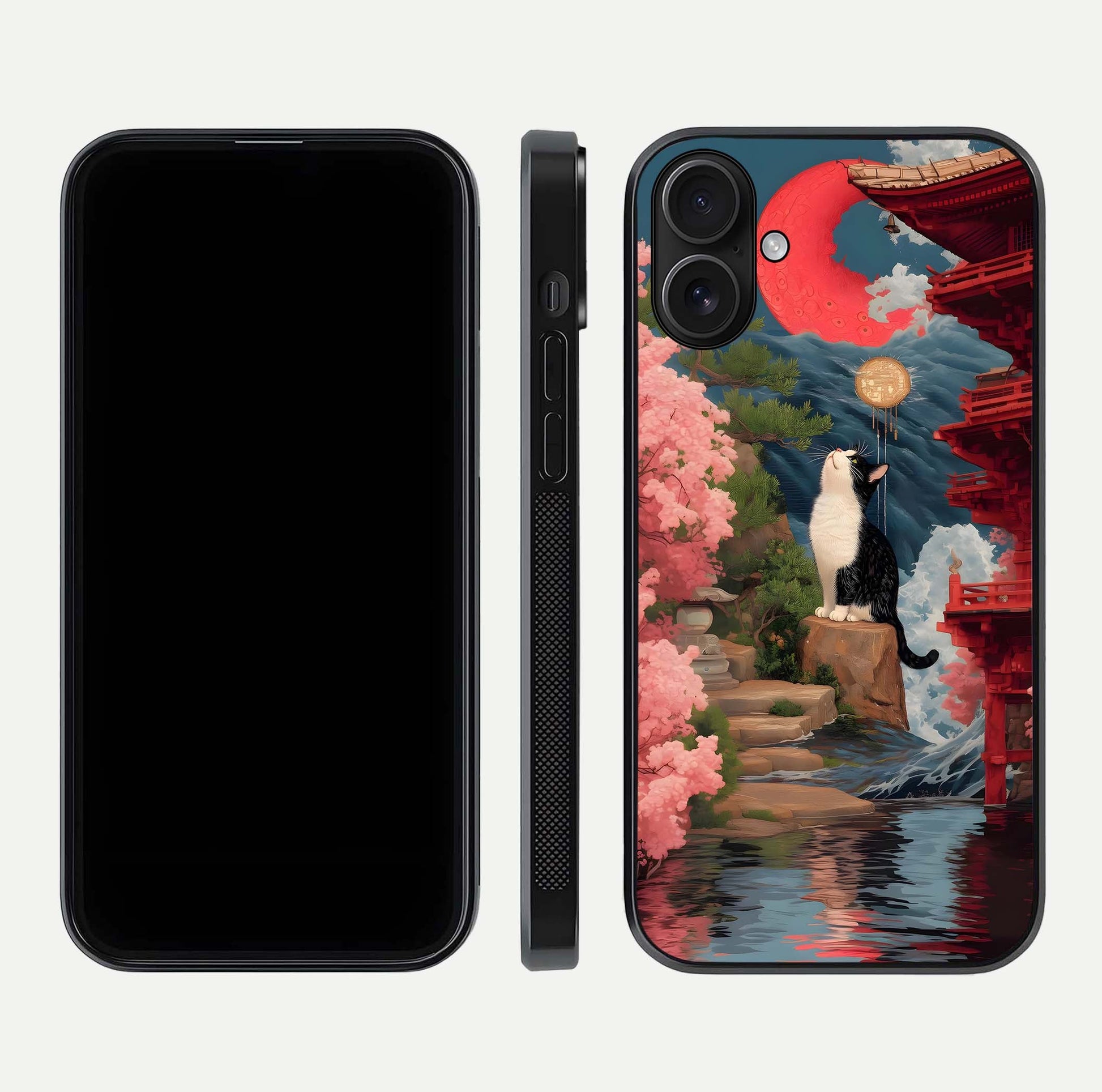 Temple Cat Scenery Glass Case for iPhone 16 front & back layout showing scenic print and edge design