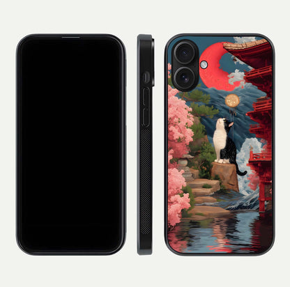 Temple Cat Scenery Glass Case for iPhone 16 front & back layout showing scenic print and edge design