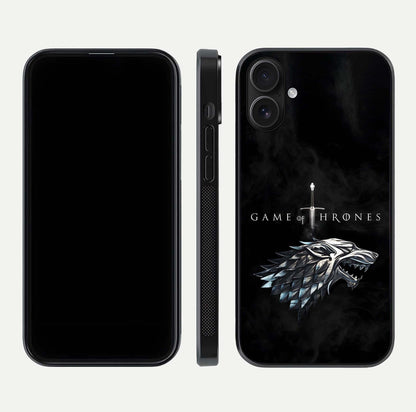 Throne Wolf Legacy Glass Case for iPhone 16 front & back layout showing bold pattern and sharp edge