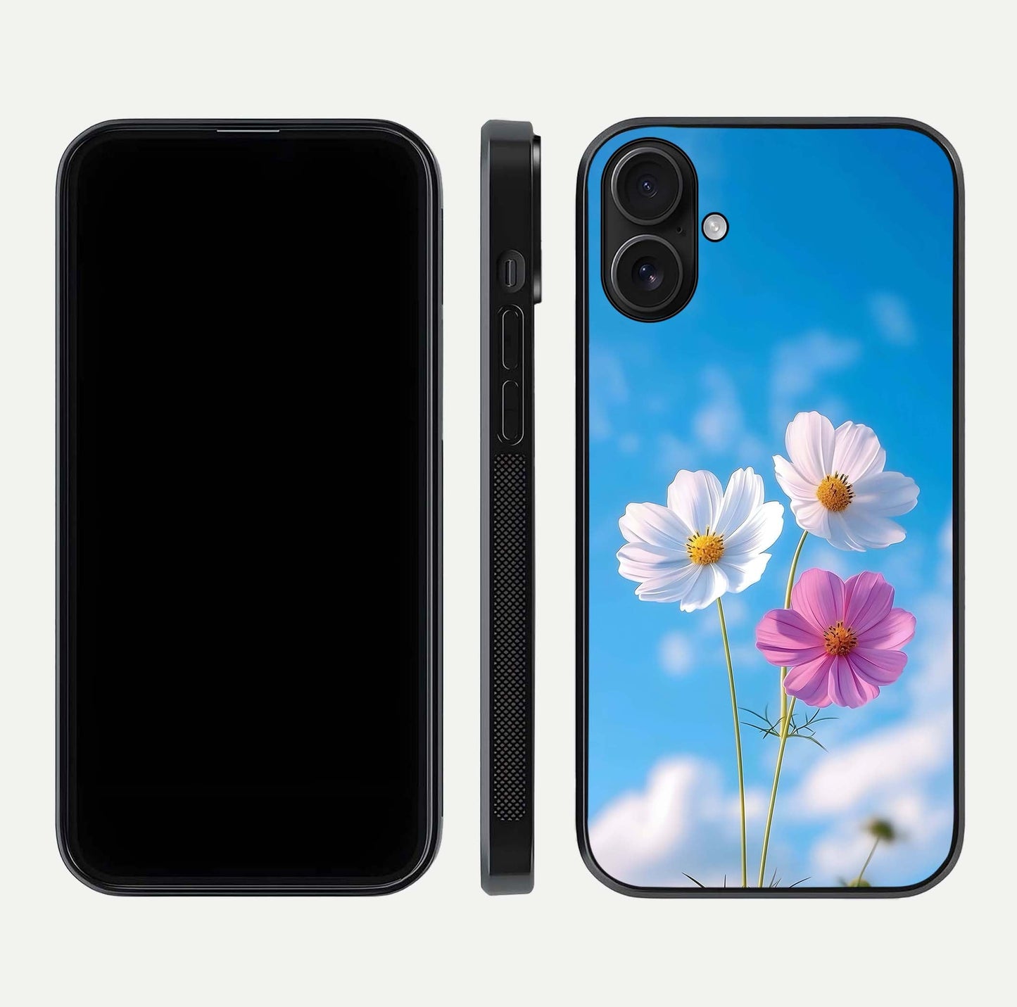 Triple Flowers With Sky Glass Case for iPhone 16 front & back layout showing vivid tones and glossy surface