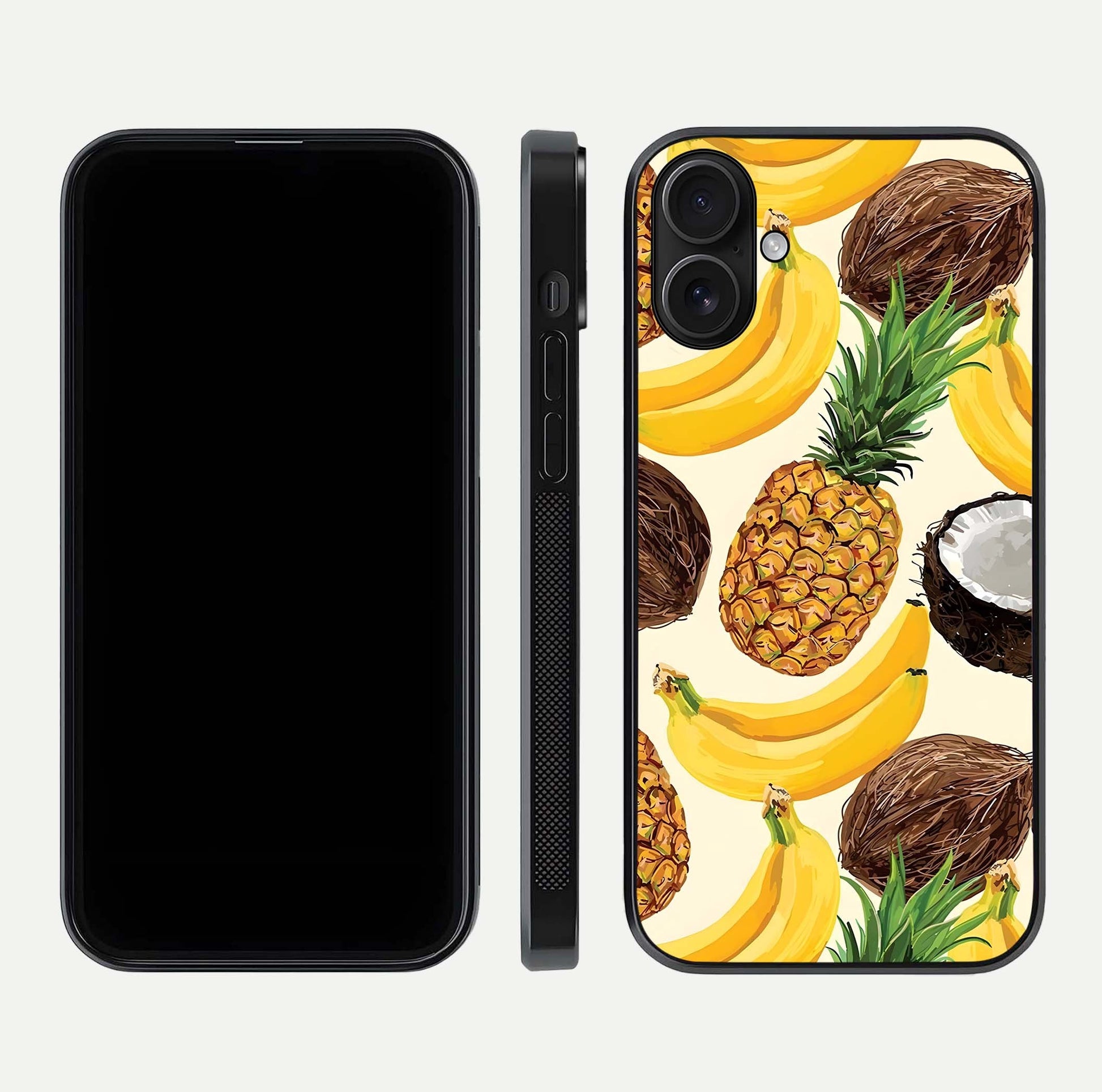 Tropical Fruit Mood Glass Case for iPhone 16 front & back layout showing playful tones and clean edge