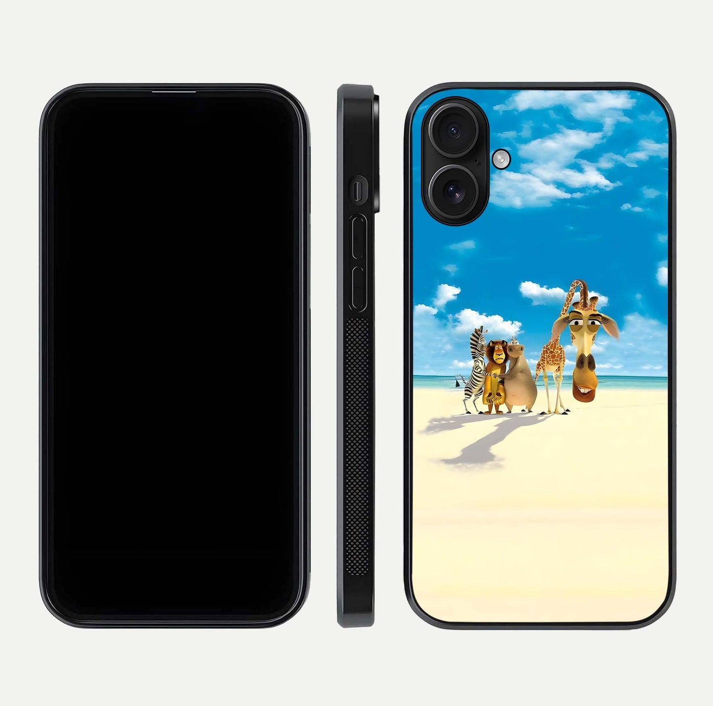 Tropical Fun Squad Glass Case for iPhone 16 front & back layout showing fun pattern and smooth edges