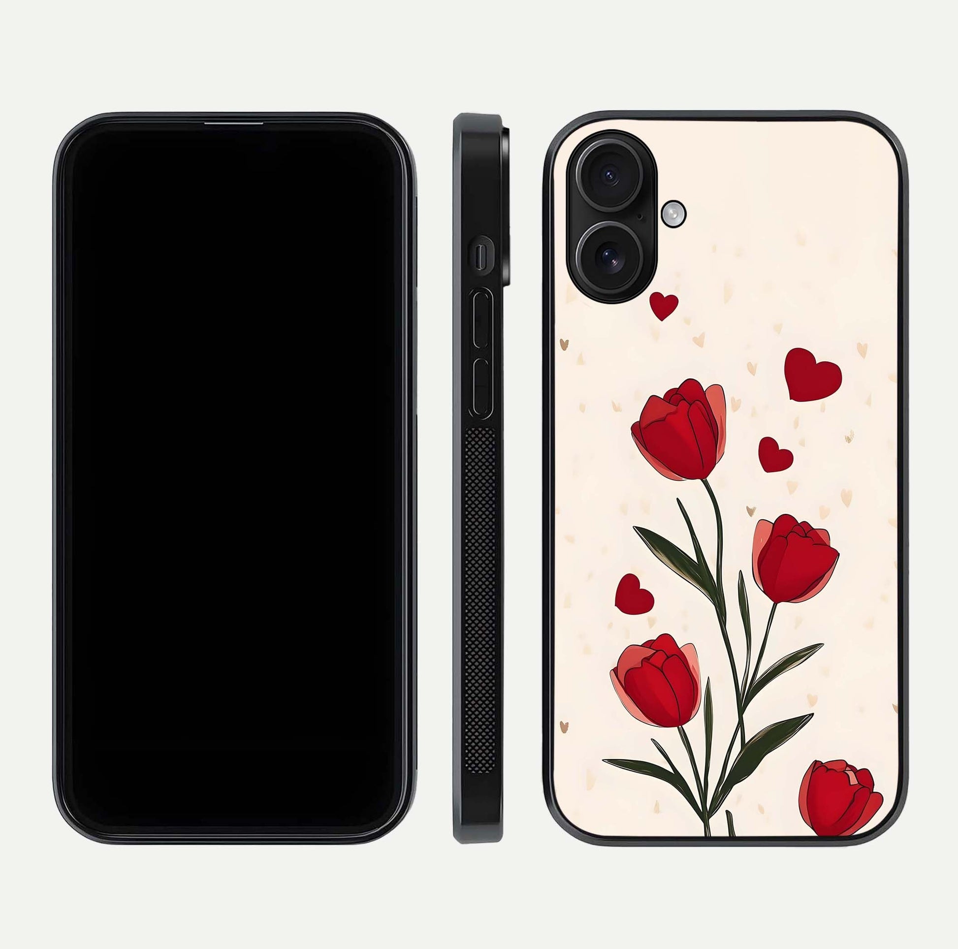 Tulip With Heart Glass Case for iPhone 16 front & back layout showing heart motif and elegant gloss finish