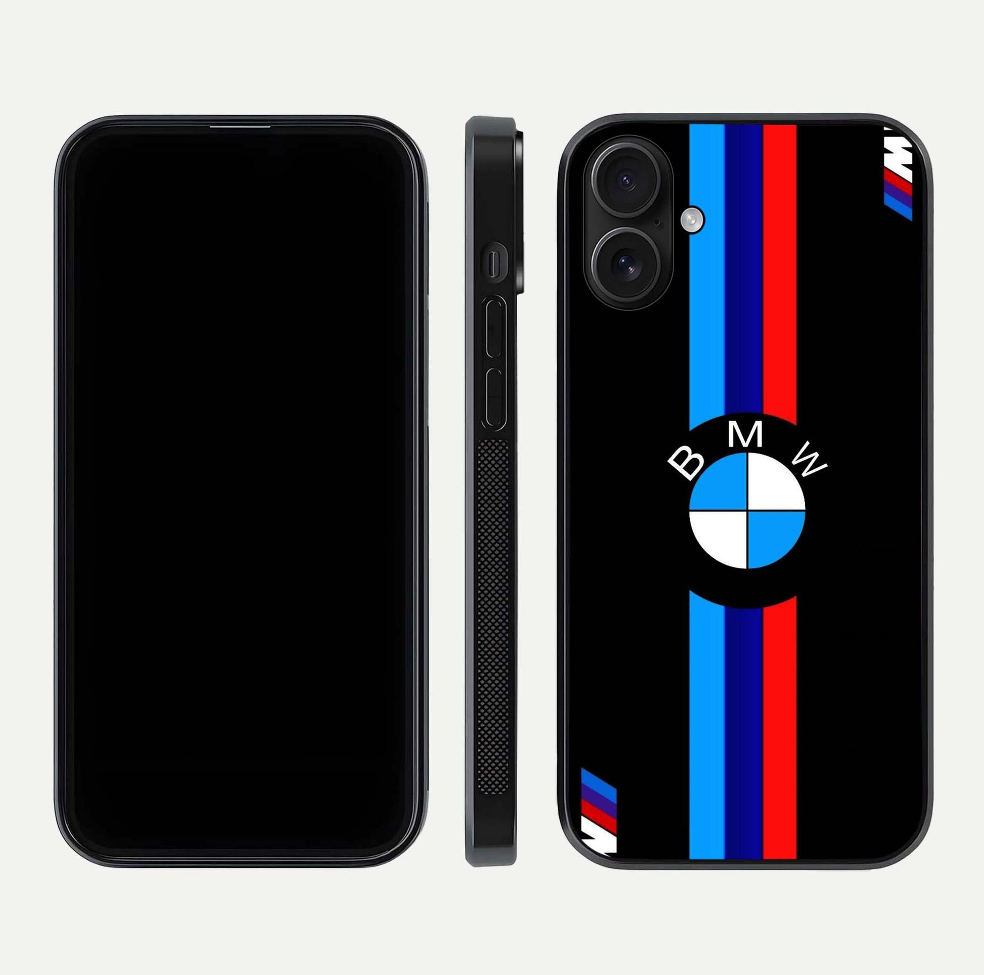 Turbo BMW Beast Glass Case for iPhone 16 front & back layout showing bold design and smooth finish