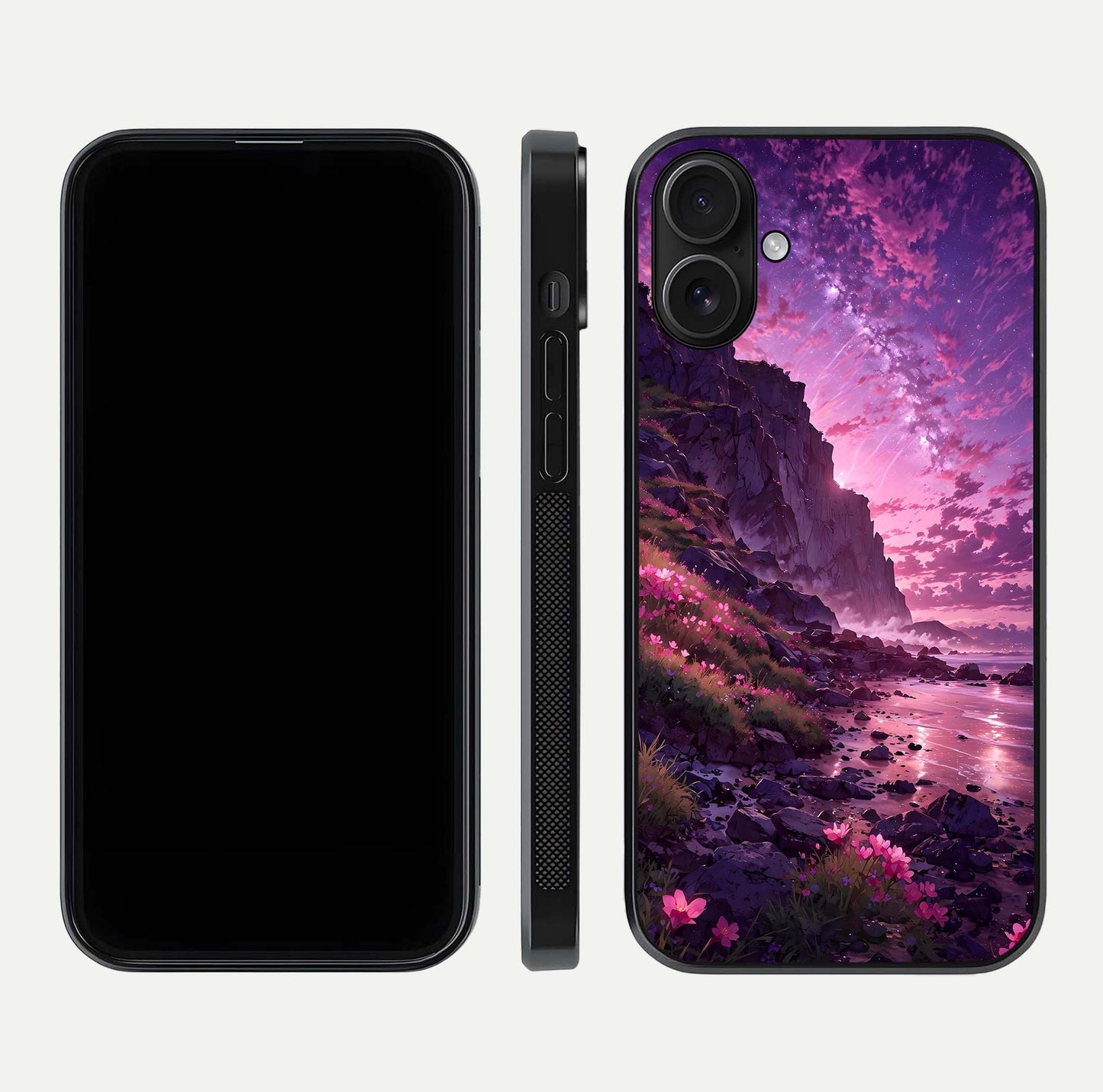 Twilight Blossom Coast Glass Case for iPhone 16 front & back layout showing floral tones and curved edge