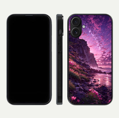 Twilight Blossom Coast Glass Case for iPhone 16 front & back layout showing floral tones and curved edge