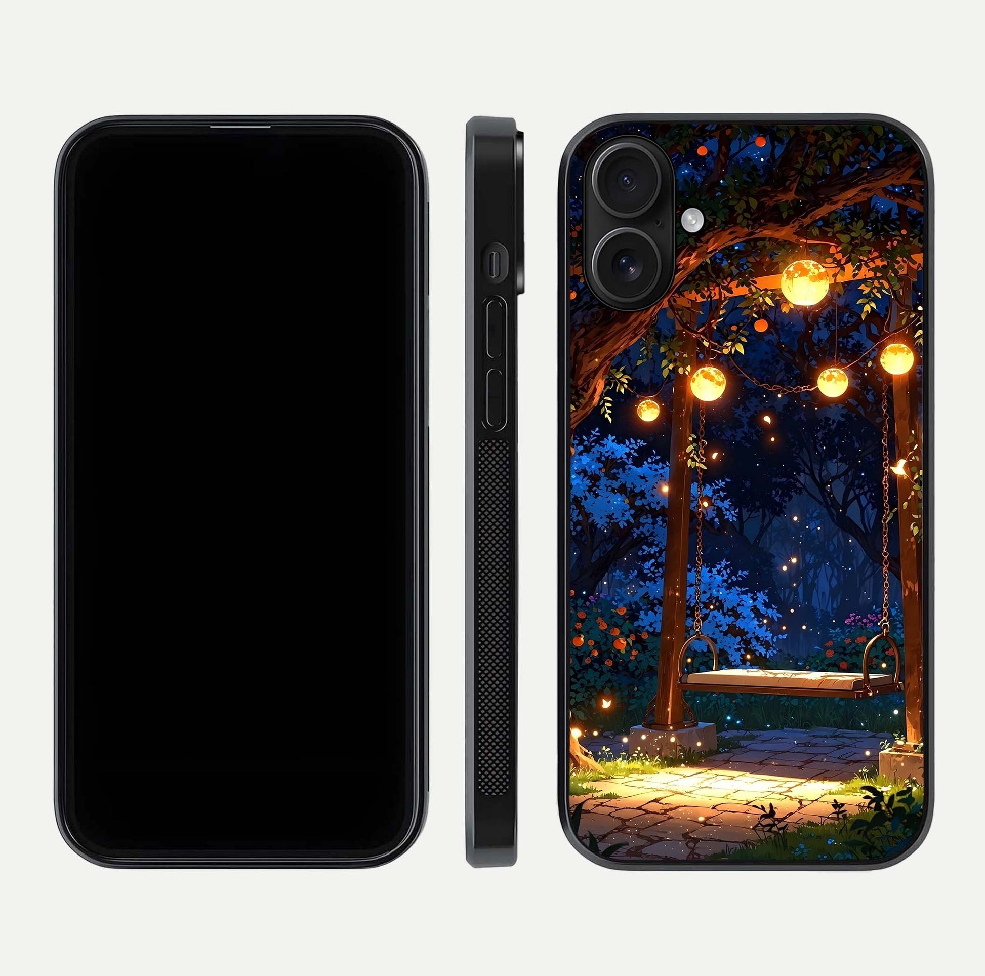 Twilight Garden Swing Glass Case for iPhone 16 front & back layout showing garden art and clean edge