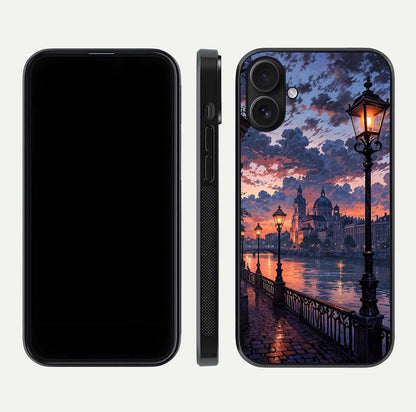 Twilight River Lights Glass Case for iPhone 16 front & back layout showing scenic artwork and smooth curved edges