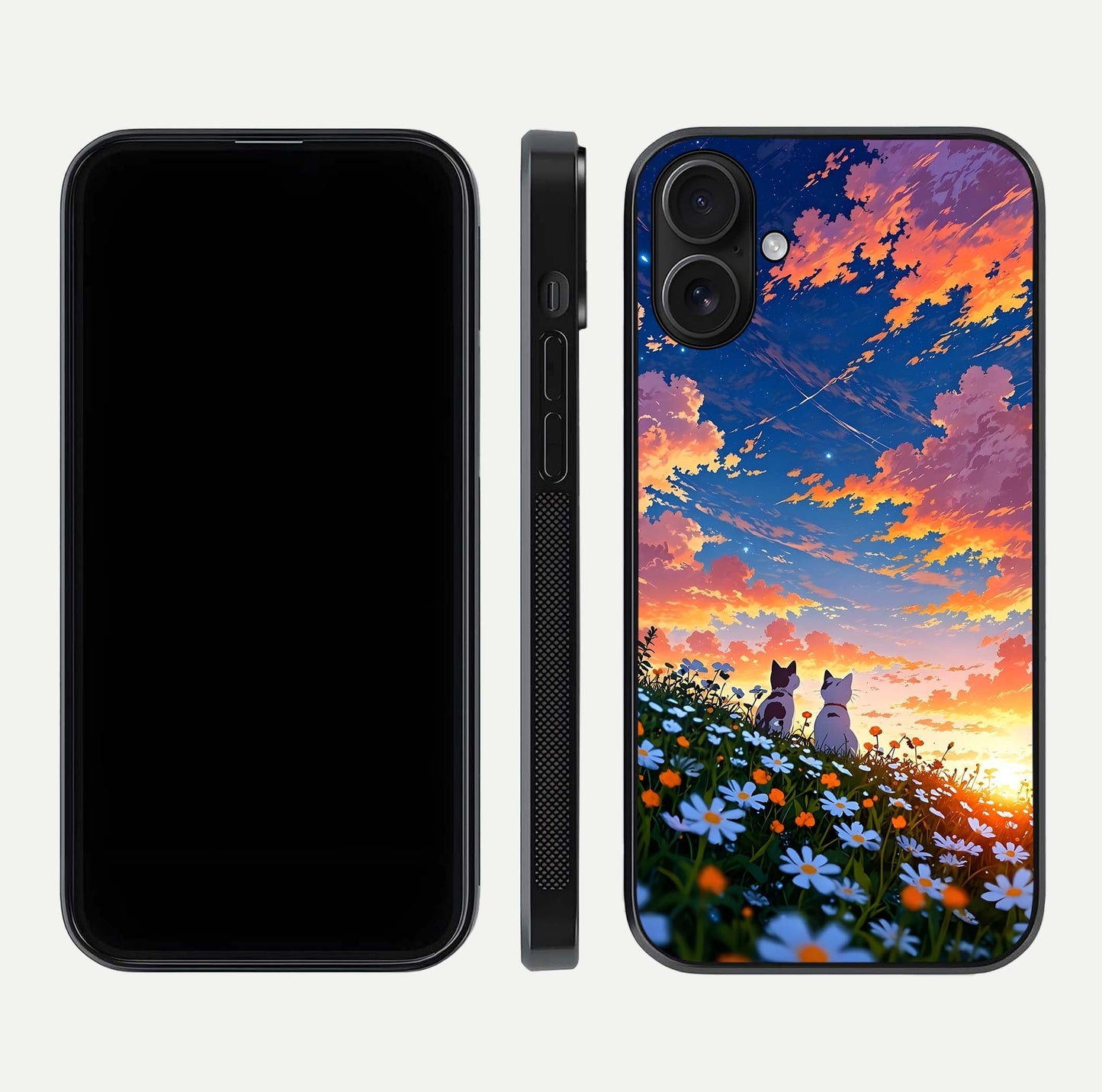 Two Cats Friends Glass Case for iPhone 16 front & back layout showing friendly cat theme and edge design