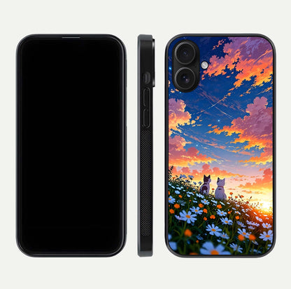 Two Cats Friends Glass Case for iPhone 16 front & back layout showing friendly cat theme and edge design