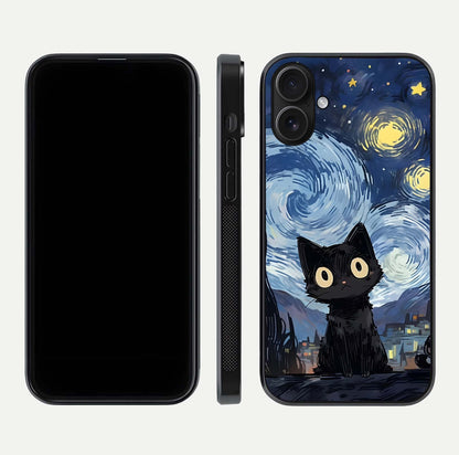 Van Gogh Cat Glass Case for iPhone 16 front & back layout showing detailed art print and curved glass edges