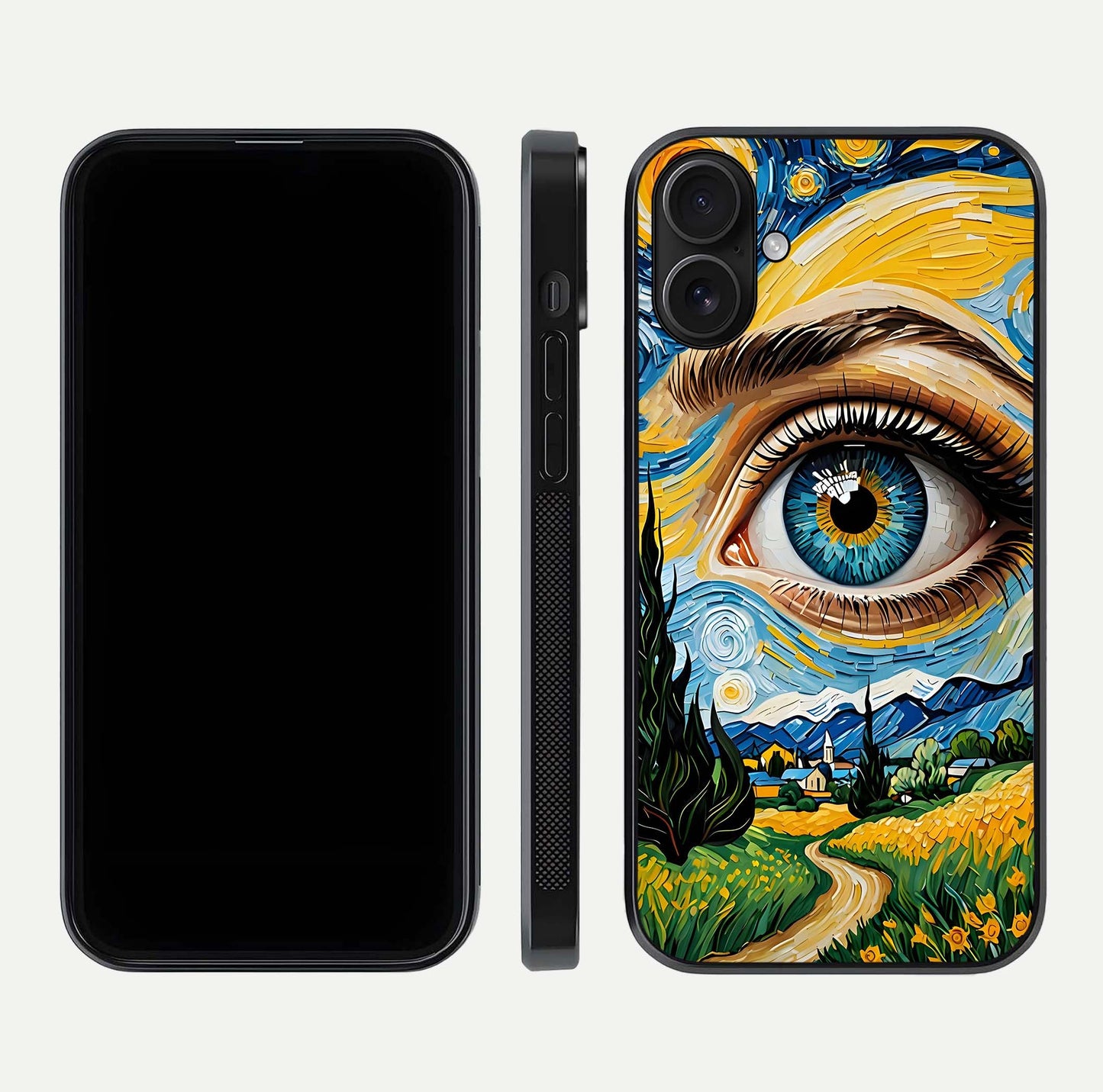 Van Gogh Eye Glass Case for iPhone 16 front & back layout showing brushstroke detail and smooth finish