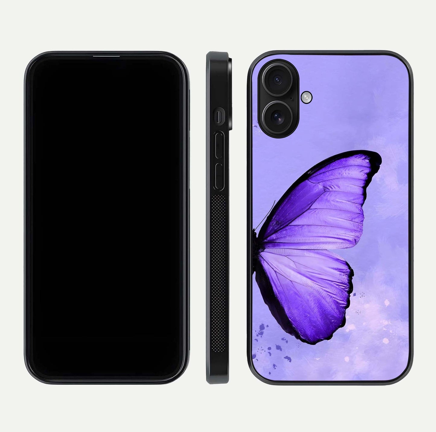 Violet Dream Wing Glass Case for iPhone 16 front & back layout showing violet tones and smooth edges