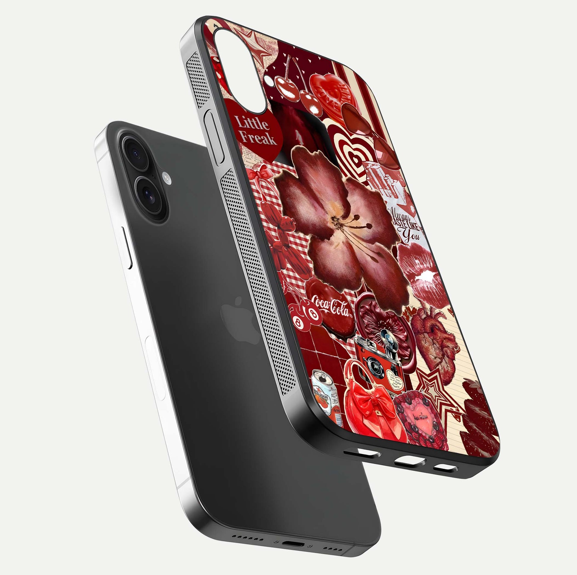 Aesthetic Little Freak Glass Case for iPhone 16 floating dual-view mockup showing edge design and detailed collage gloss texture