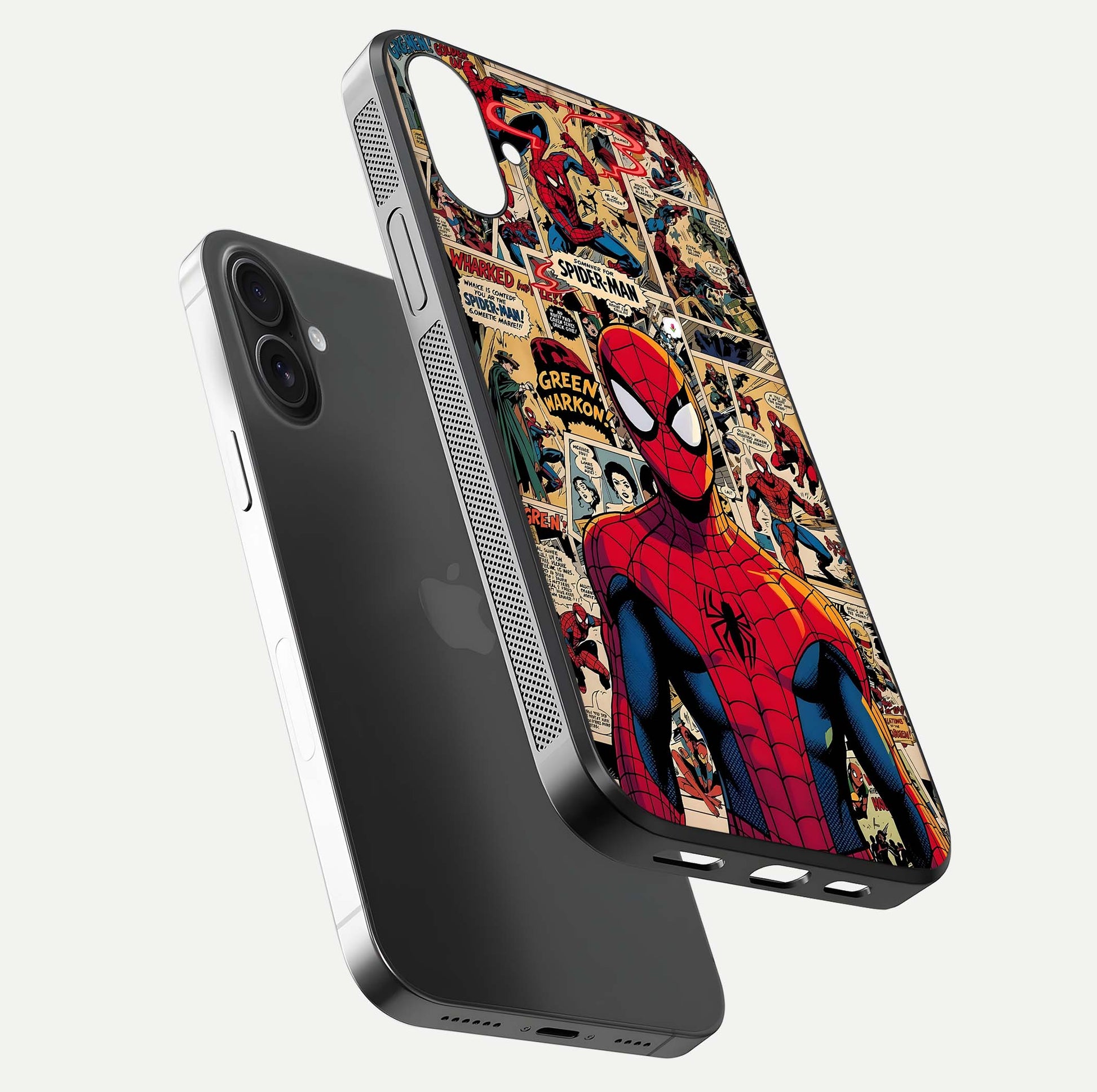 Aesthetic Spider Man Glass Case for iPhone 16 floating dual-view mockup showing edge design and detailed Spider-Man gloss texture